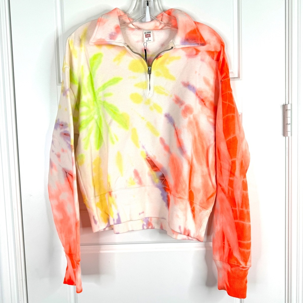 RE/DONE x HANES 70s Half Zip Cotton Sweatshirt Neon Space Dye NEW Size M Redone